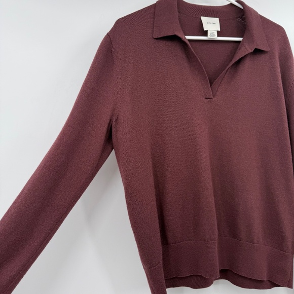 Calvin Klein Sweater Women XL Burgundy V Neck Collar Wool Blend Pullover Knit - Picture 3 of 12